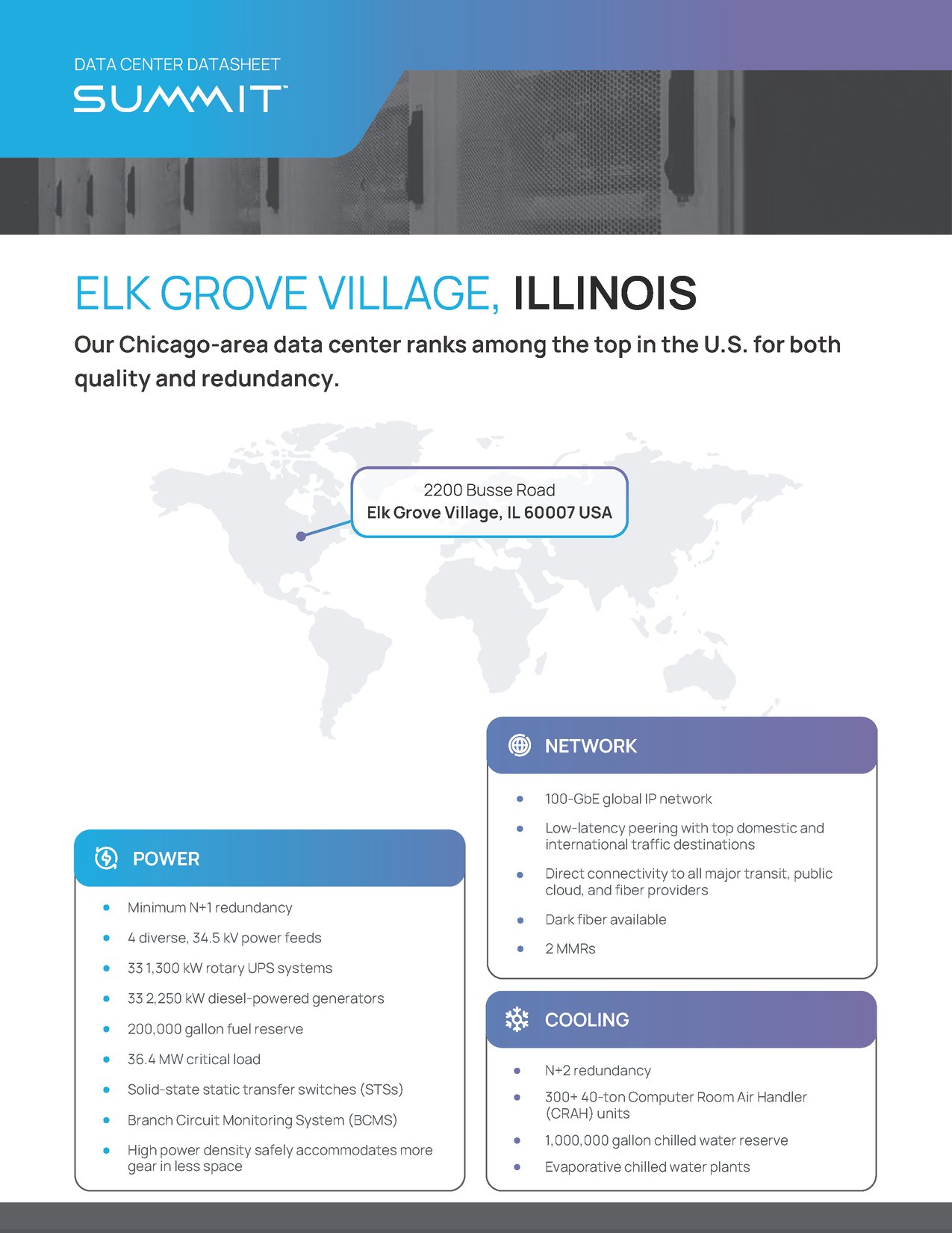 Summit's Elk Grove Village, IL data center tech specs datasheet